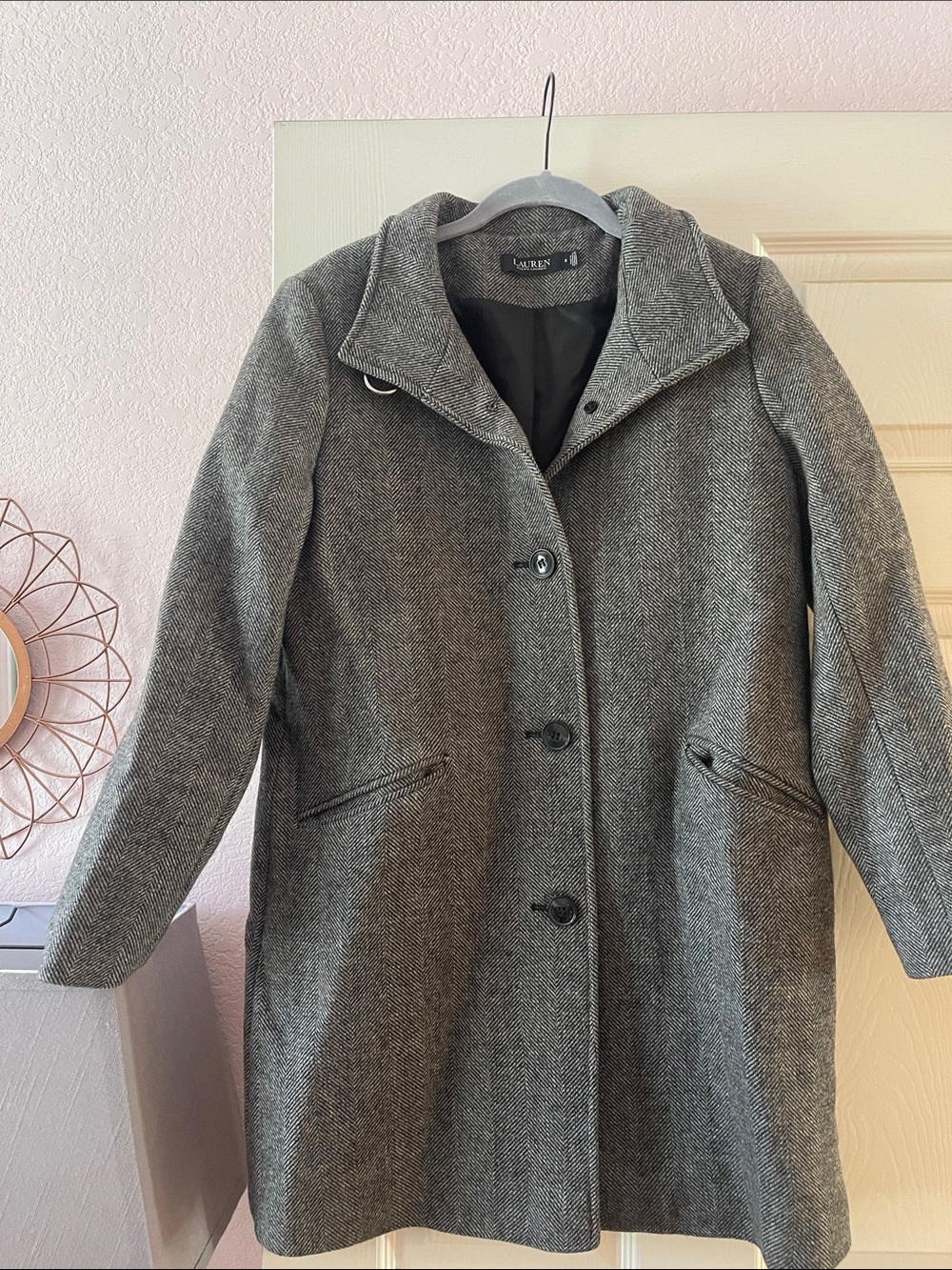 Lauren Ralph Lauren Gray Herringbone Single-Breasted Pea Coat